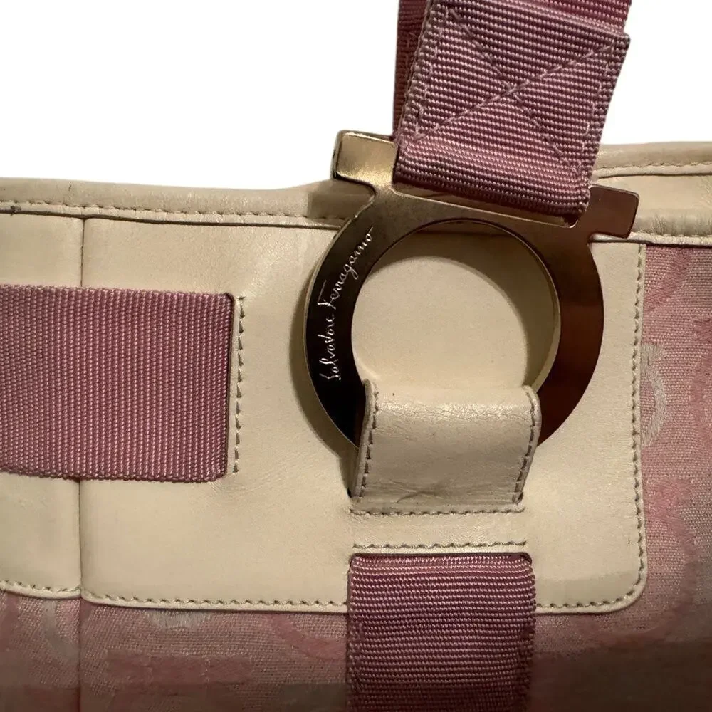 Ferragamo White Leather & Pink Gancini Satchel, Vintage